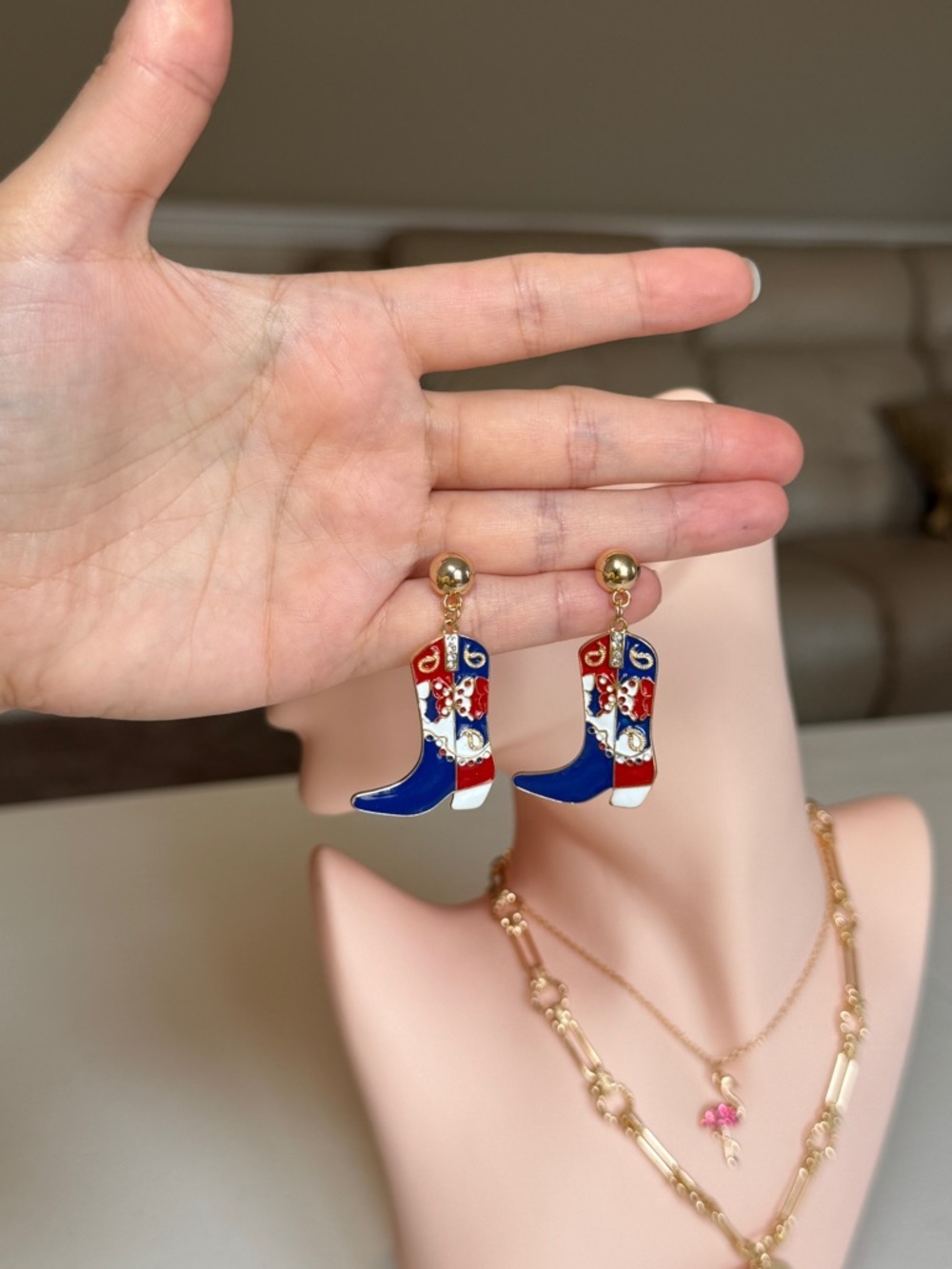 Gold Red, White & Blue Cowgirl Boot Drop Earrings - Picture 9 of 11